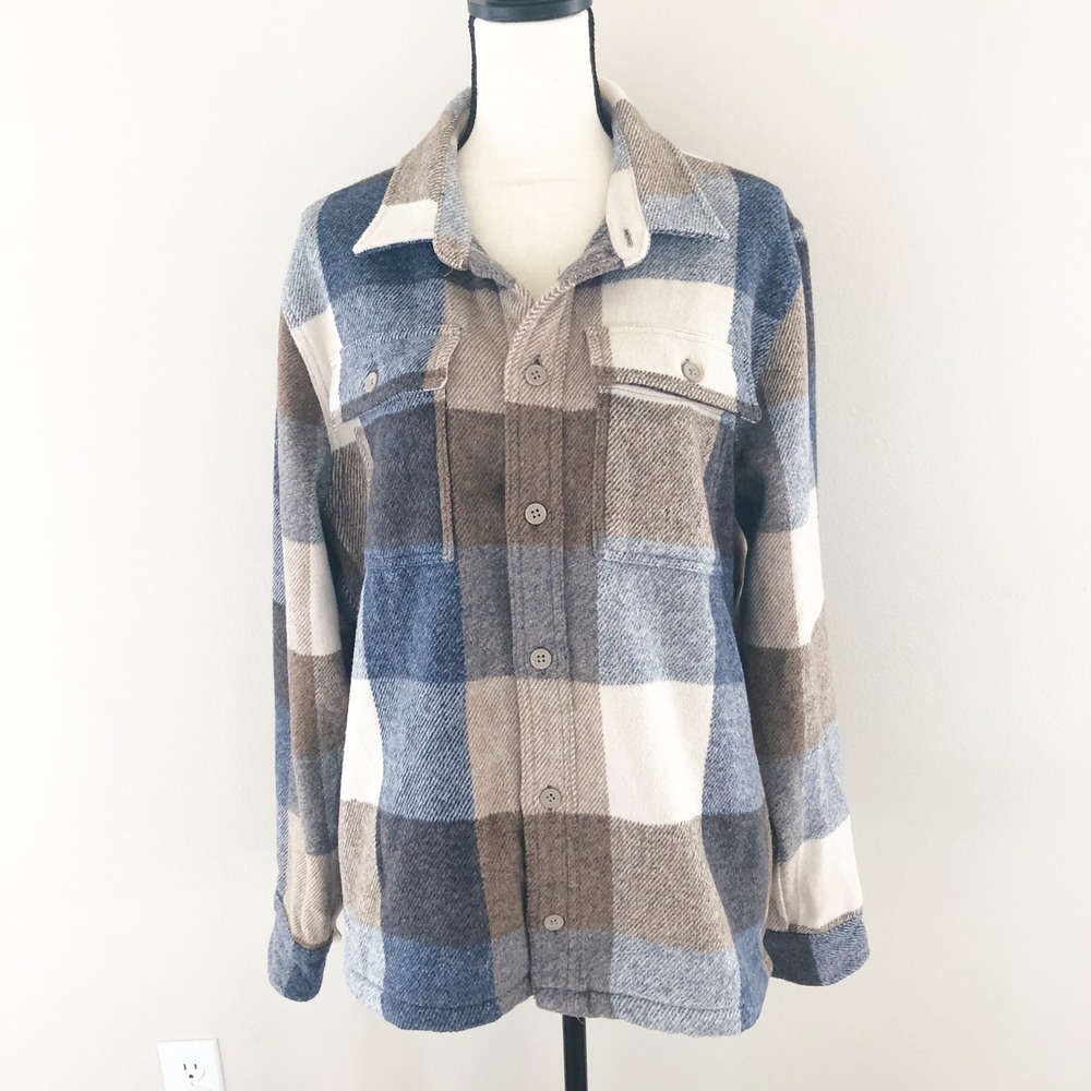 Hollister Shacket Womens Large Plaid Flannel Blue Brown Cream Button Front